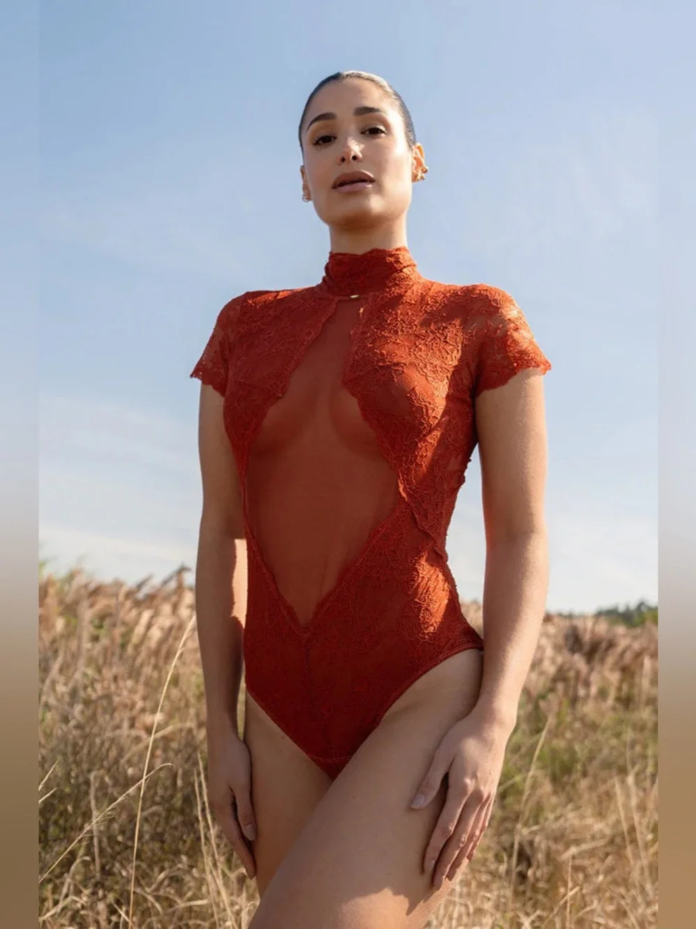 Carol Coelho Intimates Magmatica Lava Lace and Mesh Bodysuit Terracotta XS NEW